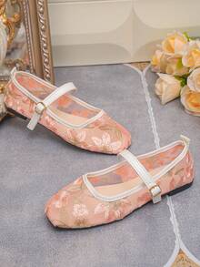 Women's Lace Embroidered Floral Mesh Buckle Low Heel Square Toe Flat Ballet Shoes, Elegant Style, Spring/Summer Daily Commute Wear, Pink, Plus Size 35-45, Random Floral Pattern - Pink With Bronze Large Flower - View 8