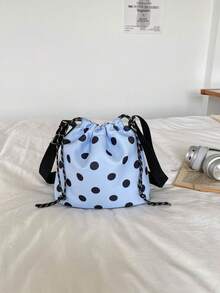 1 pieza Bolso cubo de nailon de unicolor con cordón y patrón de lunares, bolso bandolera de moda para mujer - Celeste - Ver 8