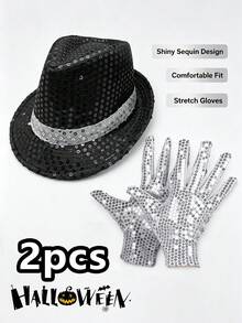 2pcs Halloween Pop Style Costume Set, Includes Black Hat And Sequin C-Pop Rock Star, Pop Singer - Multicolor - View 2