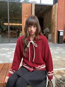 Áo len cardigan dệt kim cổ Fair Isle phong cách vintage Hàn Quốc, phối màu tương phản, cài nút đơn, dáng rộng đa năng - Đỏ - Xem 2