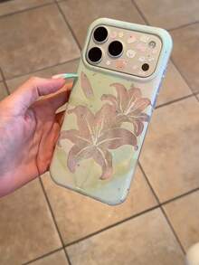 Summer INS Green Gradient Gold Lily Flower Phone Case Compatible With IPhone 17 Pro Max, 16 Pro, 16, 17 Pro, 15 Pro Max, Girly Artistic Soft Anti-Drop Protective Cover - Green - View 5