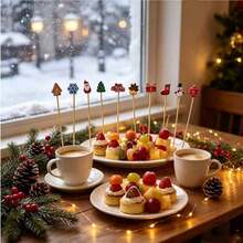 1/20/50/100/200/400pcs/Multiple Christmas Theme Decorative Picks, Including Small House, Snowman, Gift, Sock, Snowflake And Other Fun Shapes, Suitable For Cake, Dessert, Fruit Platter, Cocktail Garnish Decoration, Christmas Party Gathering Dessert Table Decoration, Enhancing Holiday Atmosphere, Enriching Tabletop Festive Decoration Matching. - Multicolor - View 7
