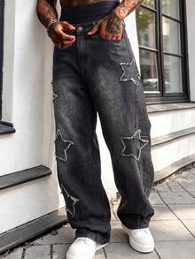 Men's Vintage Washed Black Wide Leg Jeans, Frayed Hem Star Patch Design, Loose Casual Everyday Versatile Denim Wide Leg Pants - Black - View 2