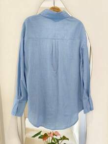 Women's Long Sleeve Button-Down Shirt - 藍色亞麻 - 查看 2