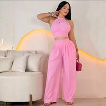 Women's Duna Cropped Top And Wide-Leg Pants Set, Summer Style - Baby Pink - View 3