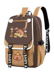 1pc Cute Capybara Colorblock Backpack, Lightweight Multi-Compartment Student Bag, Can Hold Textbooks, Laptop And Umbrella, Unisex - Brown - View 2