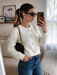 Solid Color Round Neck Front Button Short Knit Cardigan, Minimalist Long Sleeve Sweater Jacket, Casual Fashion Daily Wear Minimalist Outfit - White - View 1
