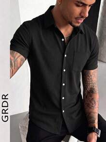GRDR 男士时尚纯色短袖衬衫 | 精致设计 | 夏季必备 | 百搭易配 | 展现您的风格 - 黑色 - 查看 3