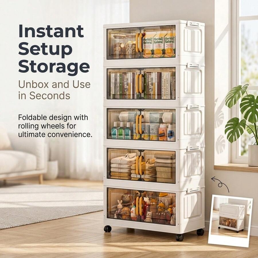 White Foldable Storage Cabinet With Lid And Stackable Wheels, Suitable For Storing Clothes, Bedding, Snacks, Toys, Storage Box For Bedroom, Living Room, Kitchen, Christmas Gift, Under Bed Storage