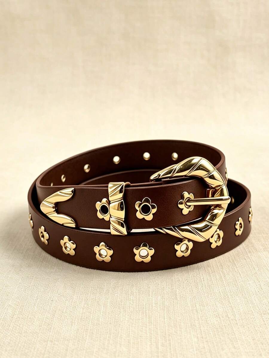 APLCSEY 1pc Women's Eyelet Letter Belt Casual PVC Plastic Fashion Suitable For Daily Use All Seasons - Brown - View 1