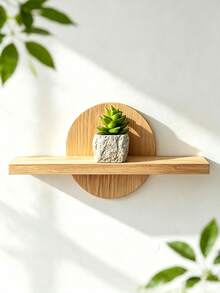 Wooden Wall-Mounted Floating Shelf, Round Backboard Wall Storage Rack, Minimalist Solid Wood Bedroom Study Display Shelf, Succulent Photo Frame Decorative Wall Shelf - Multicolor - View 9