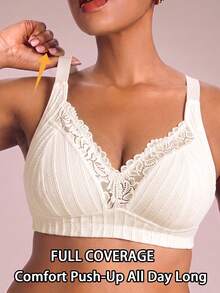 1pc Casual Comfortable Minimalist Plus Size Women's Bra With Lace Patchwork, Wire-Free Soft Comfortable Lingerie - Apricot - View 4