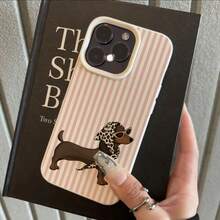 1pc TPU Material Pink Striped Fashionable Dachshund Pattern Phone Case Compatible With IPhone 17 Pro Max/17/16 Pro Max/15/13/12/11/ S20 FE/A15/S24/A55/ Note 11/Note 12/Note 13 Pro Full Coverage Anti-Drop Soft Shell Phone Protective Cover - White - View 2