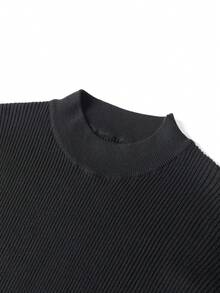 GRDR Men's Black Half-High Neck Ribbed Knit Sweater, Solid Color Textured Slim Fit Long Sleeve Pullover, Autumn/Winter - Black - View 4