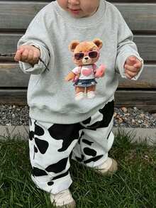 Young Girls 1pc Thermal Lined Thick Warm Printed Crew Neck Sweatshirt, Children's Long Sleeve Top For Autumn/Winter - Grey - View 1
