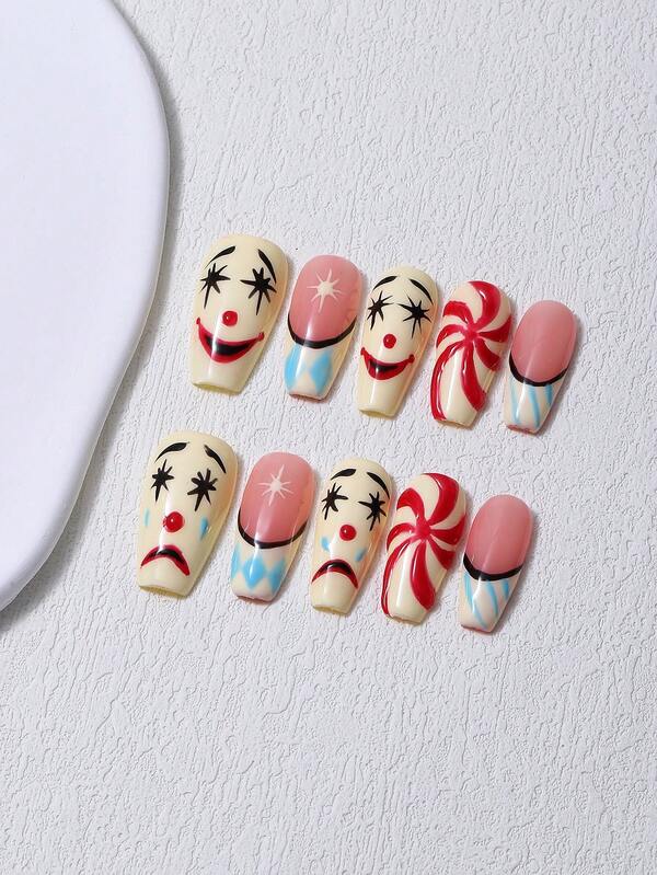 10pcs/Set Handmade Medium Trapezoid Press-On Nails, Y2K Style Hand-Painted Nail Tips, Includes 1pc Jelly Glue And 1pc Nail File, Suitable For Daily Wear And Party Manicure