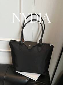 1PC Waterproof Nylon Large Capacity Tote Bag, Contrast PU Flap With Long Handles, Metal Snap & Zipper Closure, Minimalist Commute Shoulder Bag Waterproof Nylon Tote Bag Contrast PU Flap Shoulder Bag Large Capacity Work Purse Zip & Snap Closure Handbag - Black - View 2