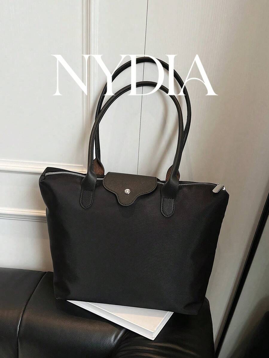 1PC Waterproof Nylon Large Capacity Tote Bag, Contrast PU Flap With Long Handles, Metal Snap & Zipper Closure, Minimalist Commute Shoulder Bag Waterproof Nylon Tote Bag Contrast PU Flap Shoulder Bag Large Capacity Work Purse Zip & Snap Closure Handbag