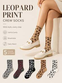 4 Pairs Women's Fashion Leopard Print Mid-Calf Socks, Breathable And Comfortable, Christmas Gift, Random Color, Suitable For Daily Wear And Outings, All Seasons - Multicolor - View 2