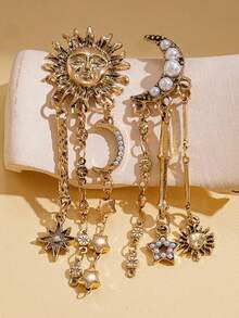 1 Pair Vintage Faux Pearl Portrait Moon & Star Tassel Earrings For Women, Unique & Versatile - Gold - View 1