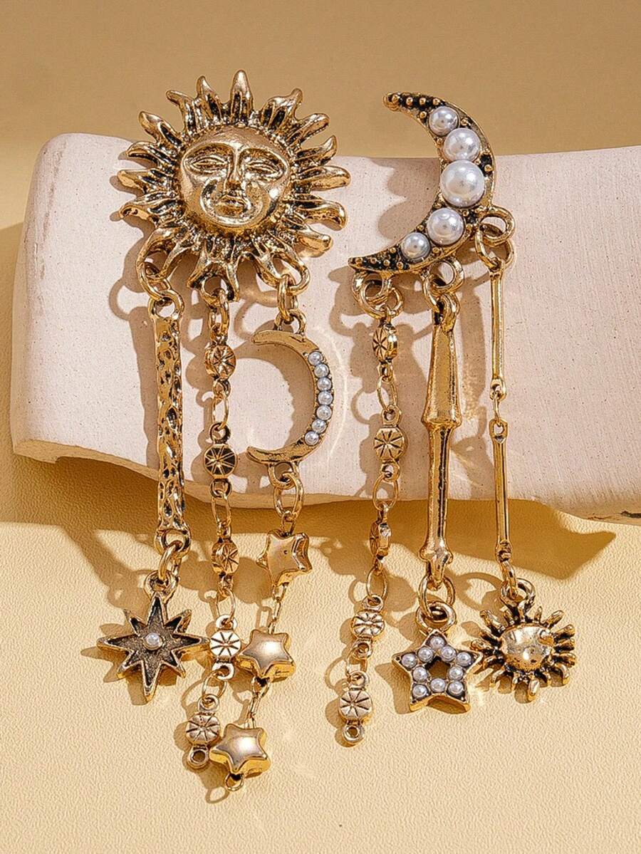 1 Pair Vintage Faux Pearl Portrait Moon & Star Tassel Earrings For Women, Unique & Versatile - Gold - View 1