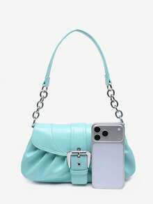 1pc Vintage Button Decor Blue Pleated Cloud Flap Shoulder Chain Underarm Tassel Bag Suitable For Dating, Outing, Party - Mint Blue - View 4