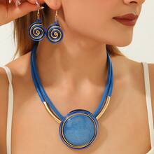 1 Set European American African Bohemian Exaggerated Handmade Heavy Work Aluminum Wire Woven Geometric Resin Necklace & Earrings - Royal Blue - View 1