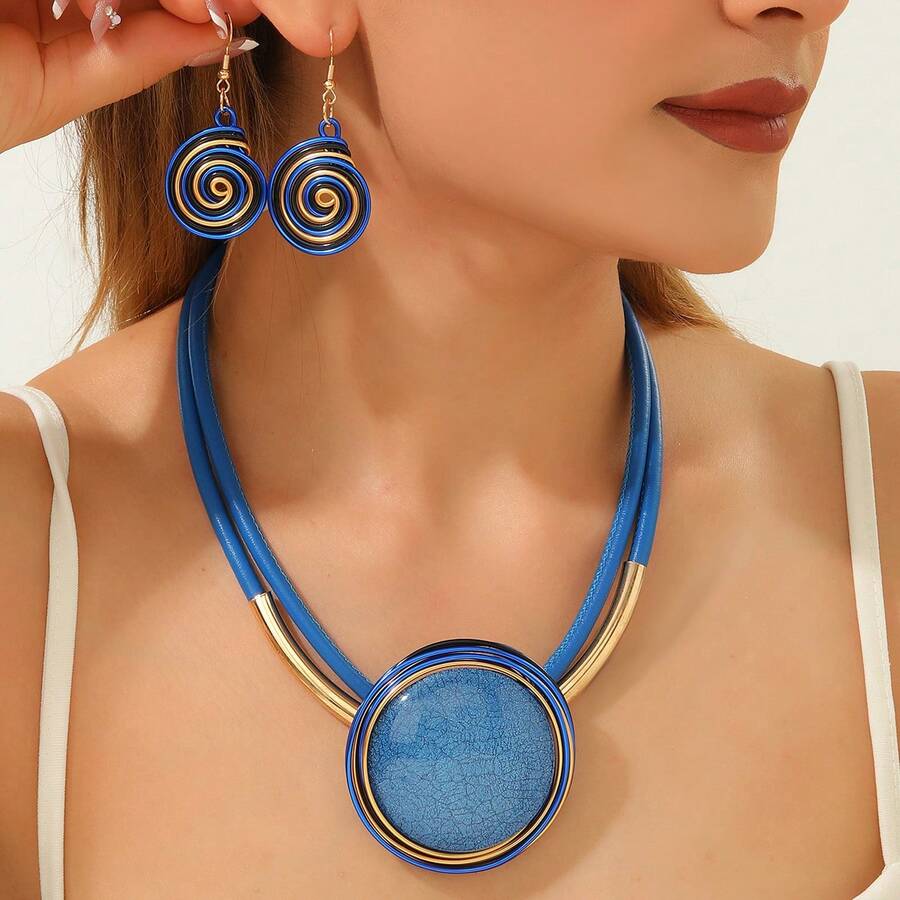 1 Set European American African Bohemian Exaggerated Handmade Heavy Work Aluminum Wire Woven Geometric Resin Necklace & Earrings - Royal Blue - View 1