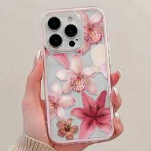 1pc Pink Butterfly Flower Pattern New Personalized Frame 2-In-1 Transparent Full Coverage TPU Anti-Drop Fashion Phone Case Compatible With IPhone 11 12 13 14 15 16 17 Pro Max - Multicolor - View 3
