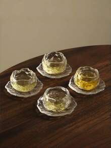 1 Set Minimalist & Premium Tea Ware: Unique Mini Frosted Glass Ice-Crackle Tea Cup With Tea Saucer, Tea Set, Tasting Cup With Tea Saucer, Coaster - Multicolor - View 9