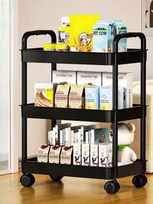 1 pieza Carrito de almacenamiento multifuncional móvil para sala de estar, cocina, dormitorio, baño, organización del hogar, estantería, decoración de la habitación, solución de almacenamiento utilitario, unidad de estantería con ruedas - Negro - Ver 14