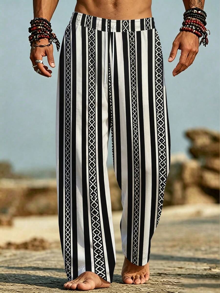 Vintage Colorblock Vertical Stripe Men's Loose Drawstring Waist Breathable Wide Leg Long Pants For Surfing And Vacation - Multicolor - View 1