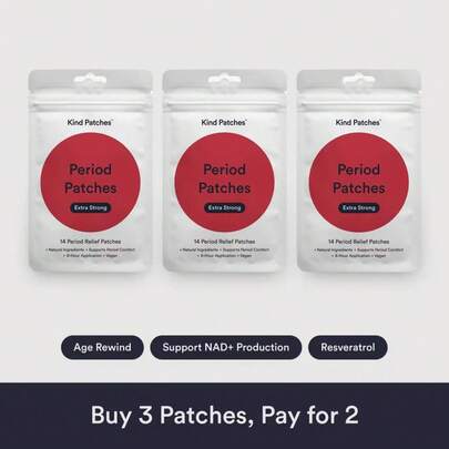 3 paquetes de parches Kind Patches para el periodo, 14 parches de alivio del periodo: ingredientes naturales, apoyo para la comodidad del periodo, aplicación de 8 horas, suministro para 3 meses