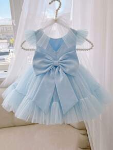 Baby Girls Blue Cap Sleeve Wedding Flower Girl Tulle Dress With 3D Bow Decor, Elegant Party Princess Dress Suitable For Baby's 1st Birthday, Party, Formal Occasion, Wedding - 藍色 - 查看 1