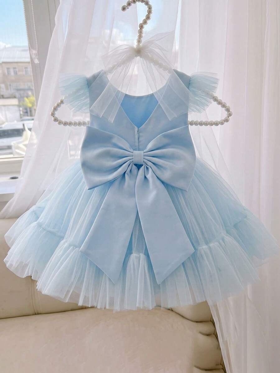 Baby Girls Blue Cap Sleeve Wedding Flower Girl Tulle Dress With 3D Bow Decor, Elegant Party Princess Dress Suitable For Baby's 1st Birthday, Party, Formal Occasion, Wedding - 藍色 - 查看 1