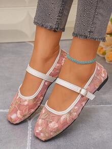 Women's Lace Embroidered Floral Mesh Buckle Low Heel Square Toe Flat Ballet Shoes, Elegant Style, Spring/Summer Daily Commute Wear, Pink, Plus Size 35-45, Random Floral Pattern - Pink With Bronze Large Flower - View 5