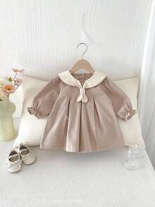 Miniweenns 1 st långärmad vintage prinsessklänning för babyflicka i preppy stil med volang och rosett, vår/höst, back to school - Kaki - Visa 6