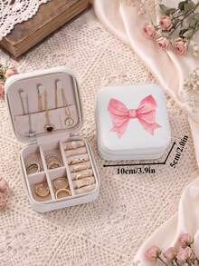 Bow Print Jewelry Organizer Display Travel Jewelry Zipper Case Boxes Earrings Necklace Ring Portable Jewelry Box Leather Storage - White - View 14