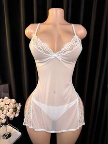 Women's Solid Color Contrast Lace Side Slit Hem Sexy Slip Dress - White - View 3