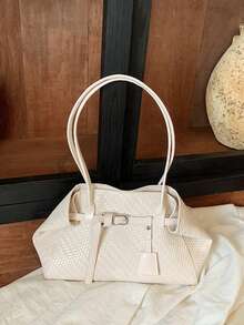 Grass Green Woven Texture Women's Tote Bag, High-End Large Capacity Shoulder Underarm Commuter Versatile Bag - White - View 6