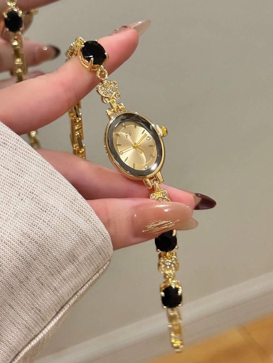 1件女款金色圓形石英手錶,優雅時尚,適合日常配戴,生日/畢業禮物,派對與聚會 - 金色 - 查看 1