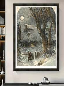 1pc Diamond Painting Kit, Vintage Winter Night Countryside Landscape Diamond Art, Handmade DIY Rhinestone Decor Painting, Living Room Bedroom Atmosphere Snow Scene Wall Art - round diamond - View 4