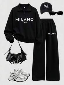 Teen GirlMinimalist Casual Letter Print Half-Zip Sweatshirt & Wide Leg Pants 2-Piece Set, Autumn/Winter Outfit, Campus Style, Homecoming Look - Black - View 1