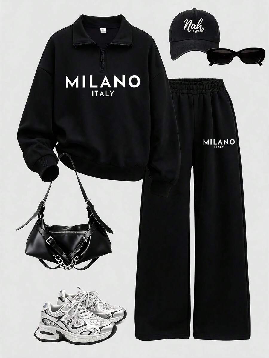 Teen GirlMinimalist Casual Letter Print Half-Zip Sweatshirt & Wide Leg Pants 2-Piece Set, Autumn/Winter Outfit, Campus Style, Homecoming Look - Black - View 1