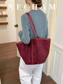 1pc Large Capacity Beach Tote Bag With Pendant, Casual Vacation Style Shoulder Bag - Burgundy - View 4