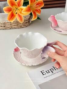 Hand-Painted 3D Butterfly Ceramic Tea Cup And Saucer Set, Butterfly Spoon, Embossed Pink Coffee Cup, Elegant Afternoon Tea Tableware, Home Cafe Decor, Birthday Gift, Housewarming Gift - Multicolor - View 6