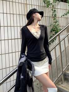 Women's Lace Patchwork 2 In 1 Long Sleeve T-Shirt, Slim Fit, Flattering, Inner Layer Base Top Black - Black - View 2