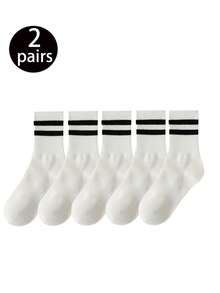 24 Pairs/20 Pairs/18 Pairs/15 Pairs/10 Pairs/6 Pairs/4 Pairs/2 Pairs/1 Pair Black And White Striped Thick Mid-Calf Socks, Comfortable And Breathable Business Casual Socks. Shark Series Soft, Lightweight, Odor-Resistant Unisex Sports Socks, Warm For Autumn And Winter - Multicolor - View 31