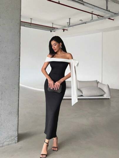 Robe longue en crêpe blanche avec détails de ruban et épaules dénudées pour femmes, 23652