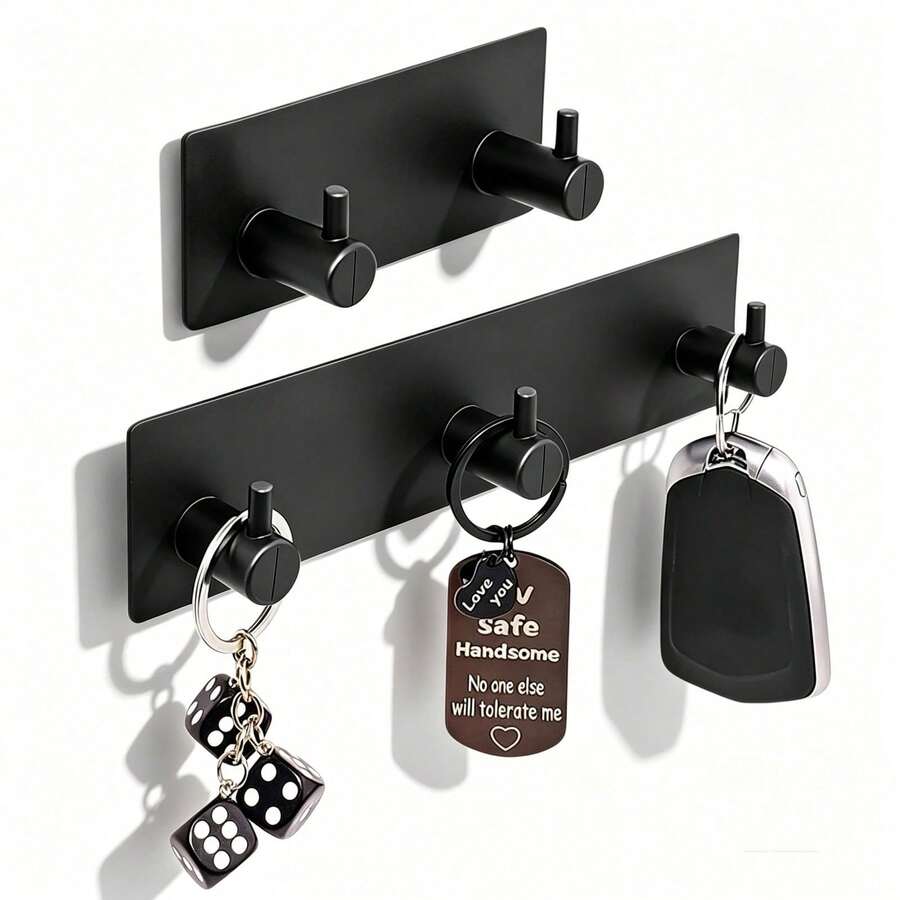 No-Drill Wall-Mounted Key Holder | 2/3 Hook Design + Adhesive Fixing, Minimalist Black Style, Suitable For Entryway/Kitchen/Bathroom, No-Trace Installation, Key Storage Organizer - Multicolor - View 1